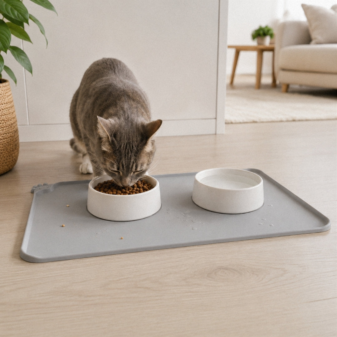 Katze frisst auf Mauwi Anti-Klecker Futtermatte für einen sauberen Futterplatz