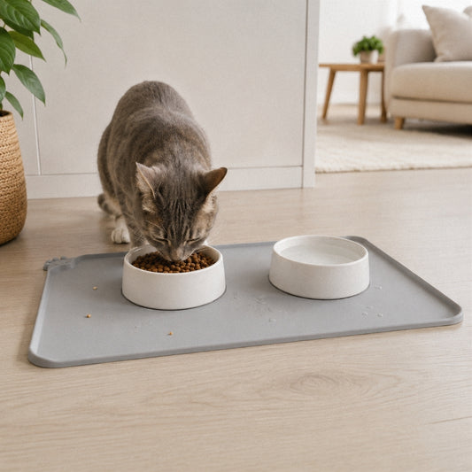 Katze frisst auf Mauwi Anti-Klecker Futtermatte für einen sauberen Futterplatz