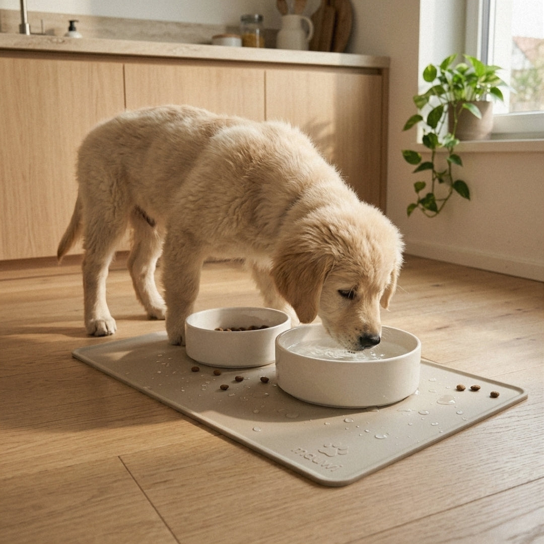 Hund trinkt auf großer Mauwi Futtermatte 55 x 38 cm mit erhöhtem Rand