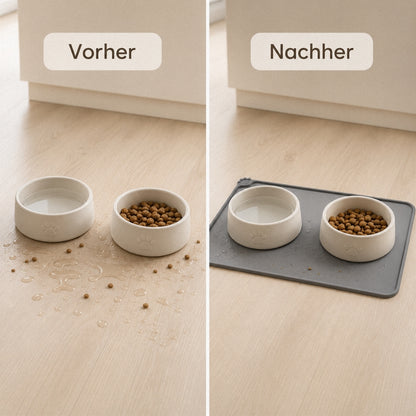 Vorher Nachher Vergleich der Mauwi Futtermatte gegen Wasser und Futterreste